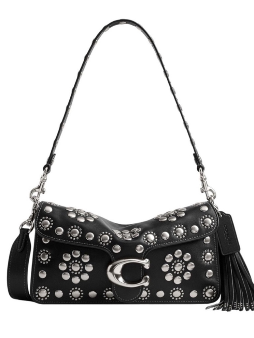 NWT COACH Black Western Tabby Shoulder Bag 26 Silver Rivets with Tassel Charm